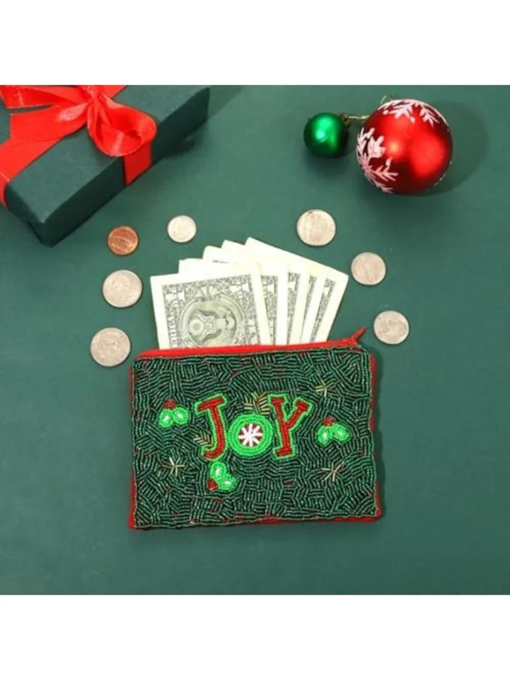 Handmade Christmas Coin Purse - Beaded Holly Jolly Wallet for Women, Zipper